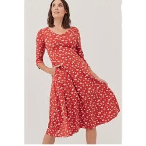 Pact Sz M Fit & Flare Dress Red Midi Stretch Cotton Floral Cottage Flattering